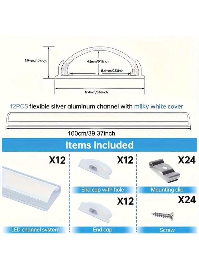 12 Pack 50CM Flexible Silver LED Channel With Milky White Cover Lens - Image 3